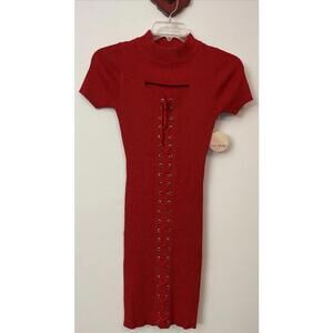 Love Always Womens Large Bodycon Fitted Ribbed Tie-Up Sexy Red Dress NWT! M12